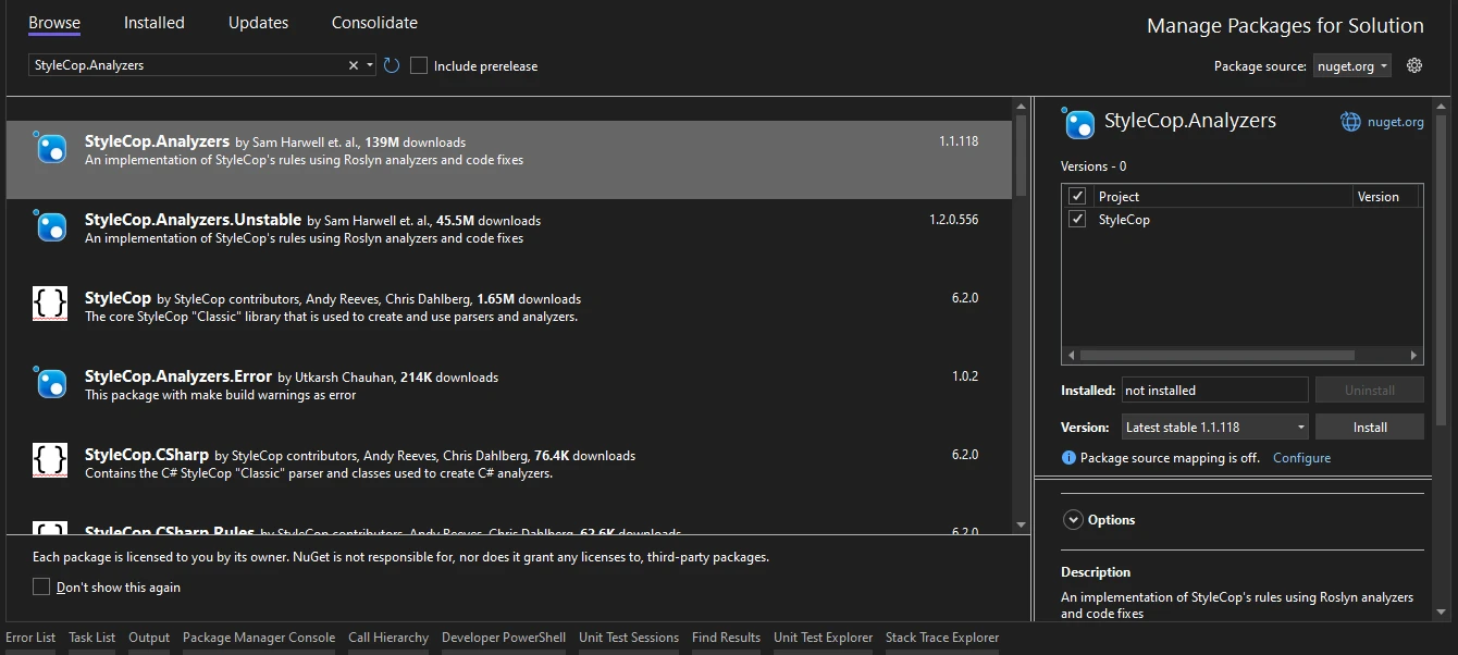 StyleCop C# (How It Works For Developers): Figure 2 - StyleCop.Analyzers in Visual Studio