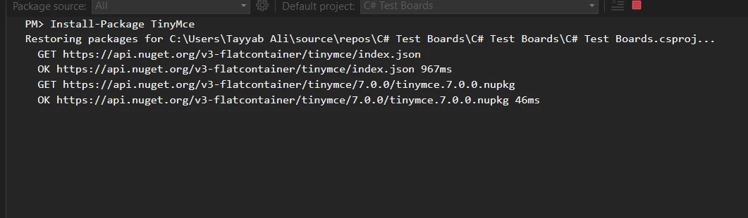 Tinymce .NET (How It Works For Developers): Figure 1 - Installing TinyMCE through the NuGet Console in Visual Studio 