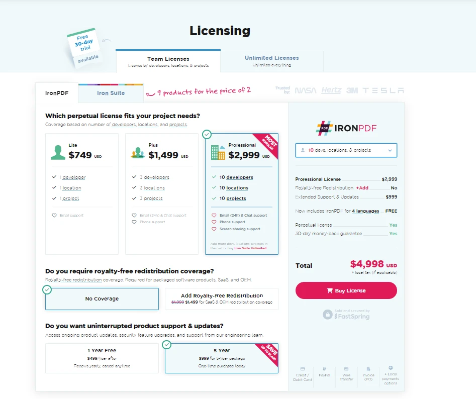 Tinymce .NET (How It Works For Developers): Figure 2 - IronPDF licensing page