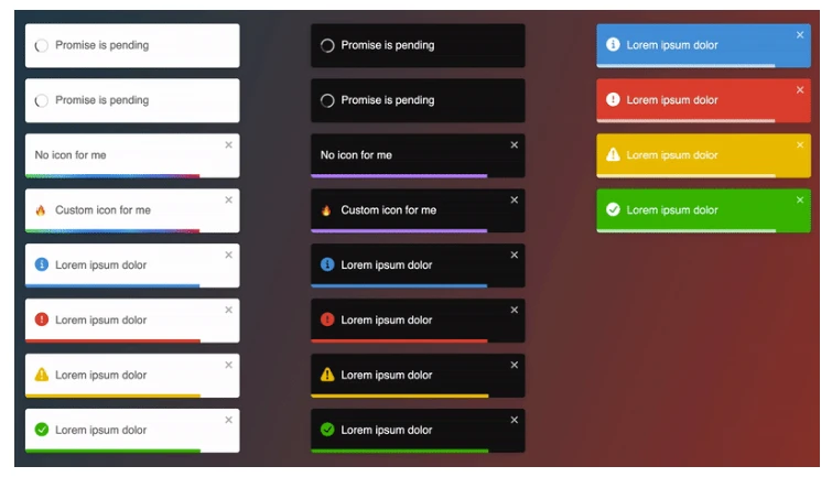 toastify npm (How It Works For Developers): Figure 1 - Toast notifications with different styles and customizations using React-Toastify package.