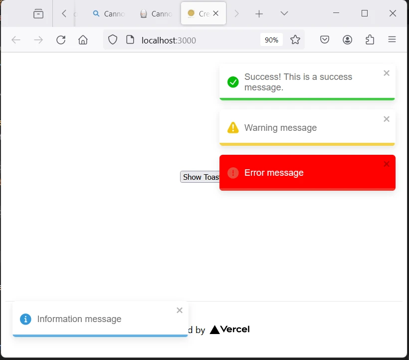 toastify npm (How It Works For Developers): Figure 2 - React-Toastify application running on localhost post:3000 and displaying toast notifications for Success, Warning ad Error messages.