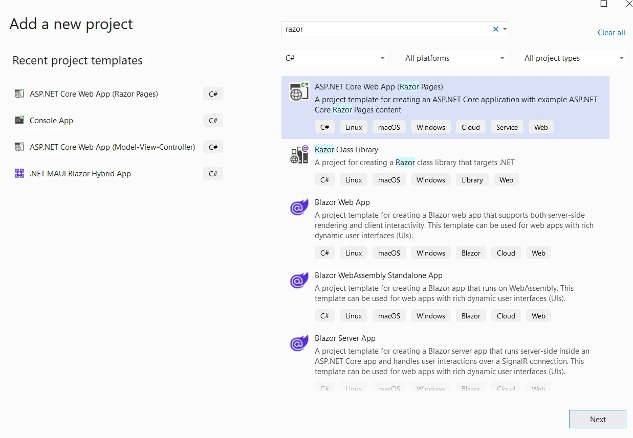 tye .NET (How It Works For Developers): Figure 2 - Open Visual Studio and create a new ASP.NET Core Web App (Razor Pages).