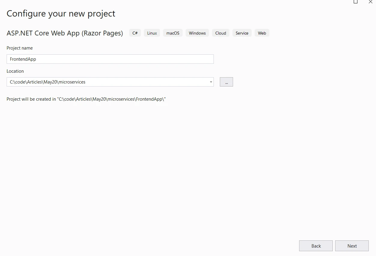 tye .NET (How It Works For Developers): Figure 3 - Configure the project by specifying Project name and Location. Then click on Next.