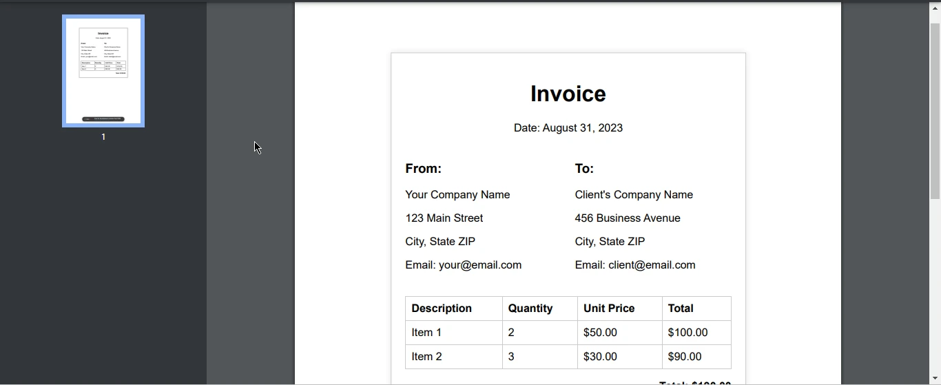 How to Convert HTML page to PDF using VB, Figure 10: Invoice Output