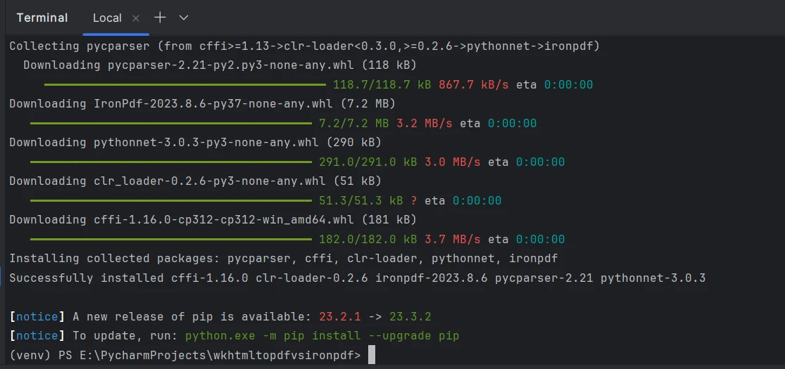 A Comparison Between Wkhtmltopdf Python & IronPDF For Python: Figure 4 - Installing IronPDF using pip