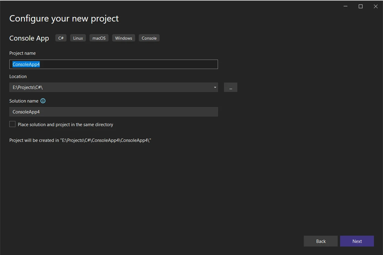 Xdocument C# (How It Works For Developers): Figure 3 - Configure your project by specifying the project name, location and solution name. Next, select the .NET Framework and click on Create.