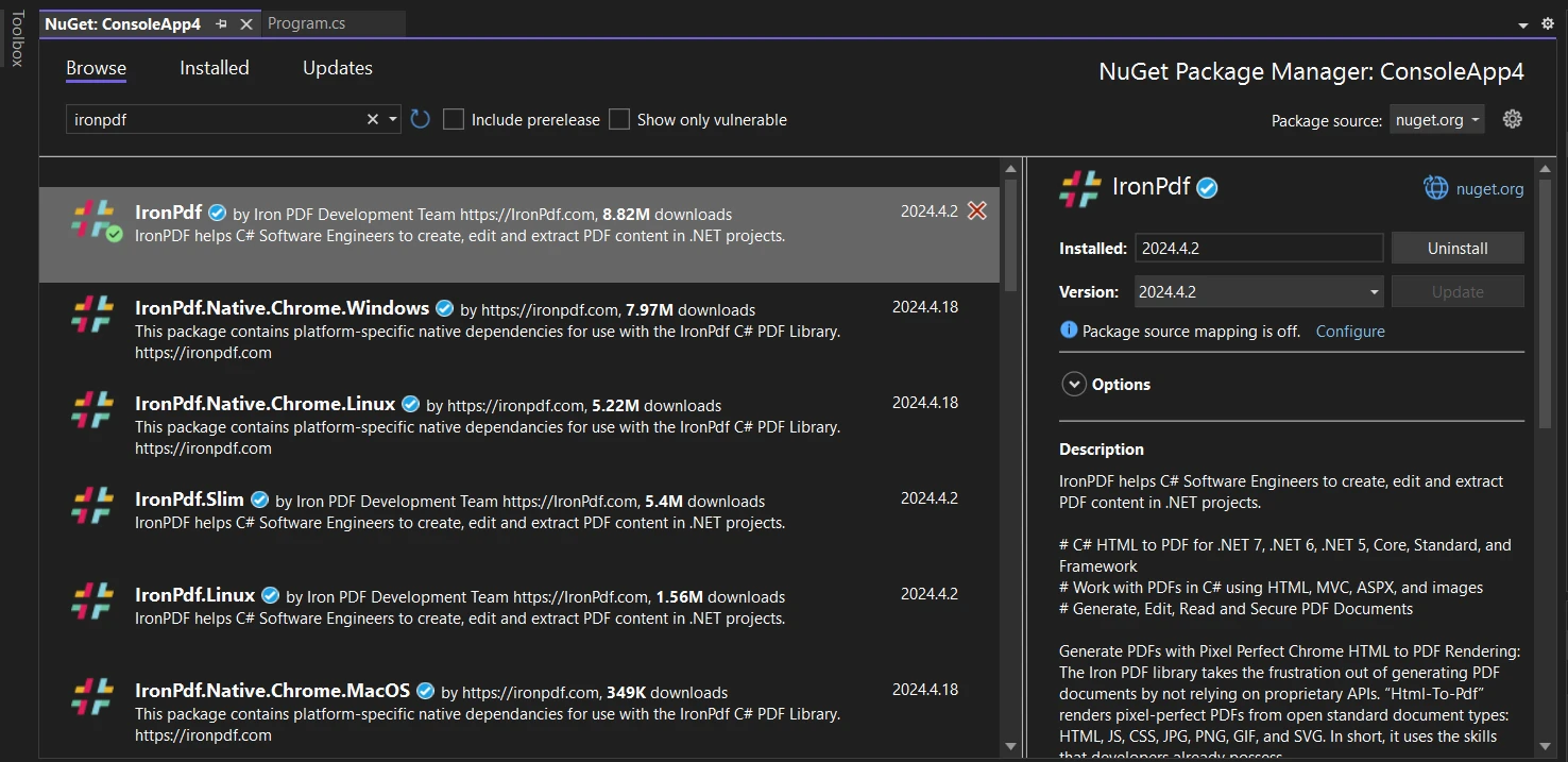 Xdocument C# (How It Works For Developers): Figure 6 - Install IronPDF using the Manage NuGet Package for Solution by searching "IronPDF" in the search bar of NuGet Package Manager, then select the project and click on the Install button.