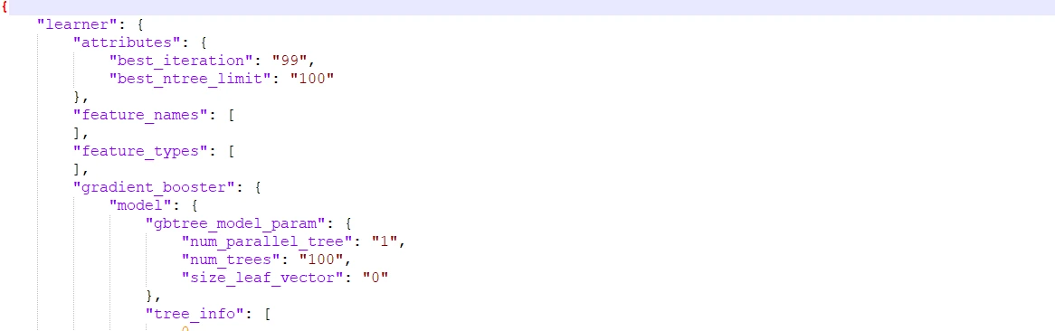 XGBoost Python ((How It Works: A Guide for Developers)): Figure 3 - Example JSON output from the example code from above